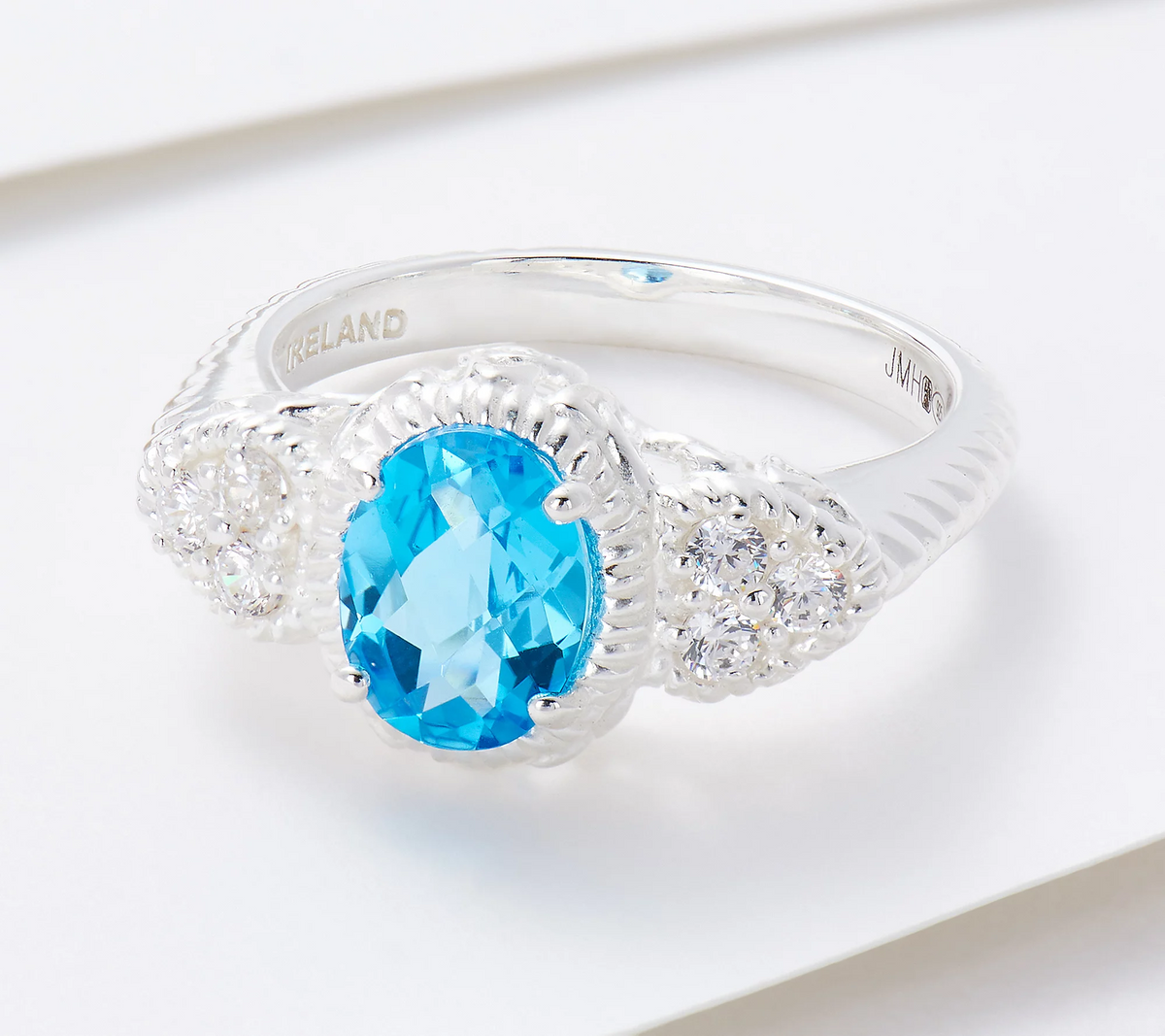 JMH Jewellery Diamonique Sterling Silver Blue Topaz Gemstone Ring, Size 7