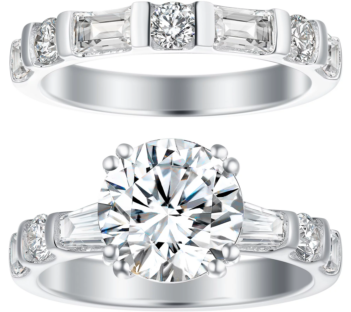 Diamonique Sterling Silver Baguette and Round Bridal Ring Set Size 7