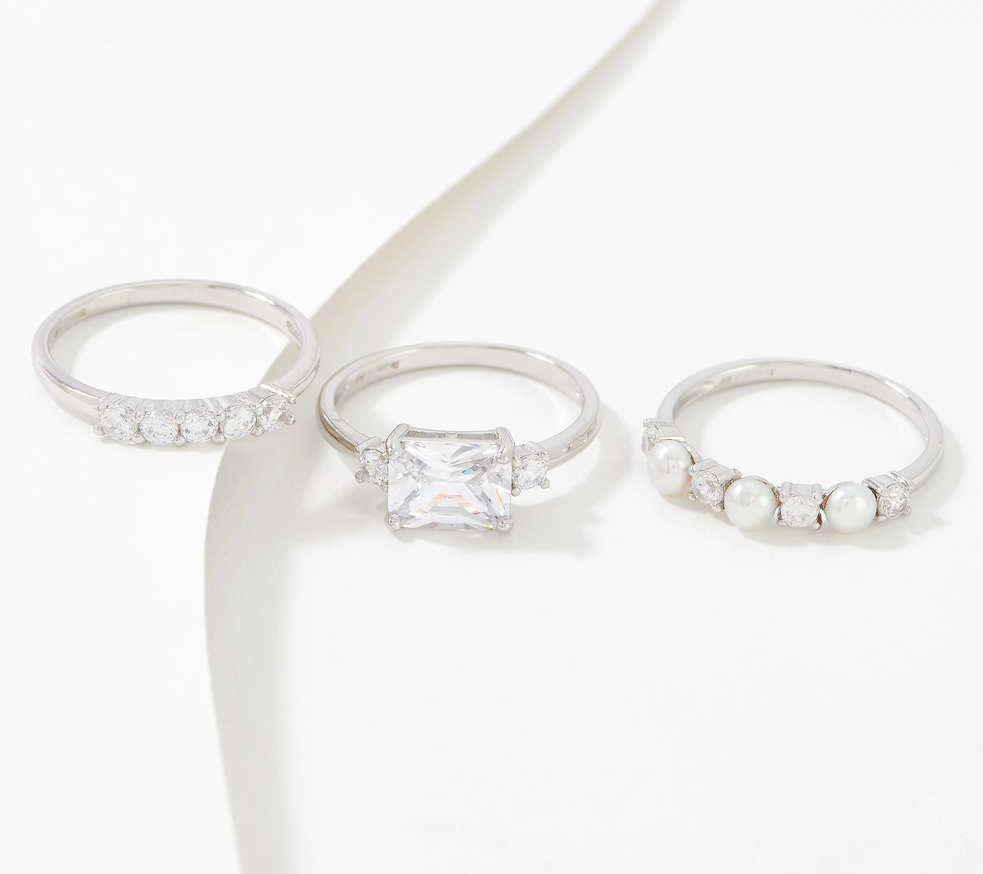 Diamonique Set of 3 Simulated Pearl and DMQ Stack Rings, Sterling Silver, Size 5