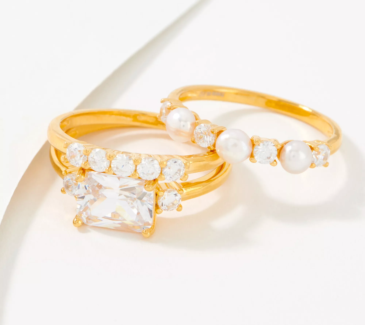 Diamonique Gold-Over SS Set of 3 Simulated Pearl and DMQ Stack Rings Size 7