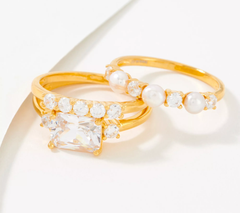 Diamonique Gold-Over SS Set of 3 Simulated Pearl and DMQ Stack Rings Size 7
