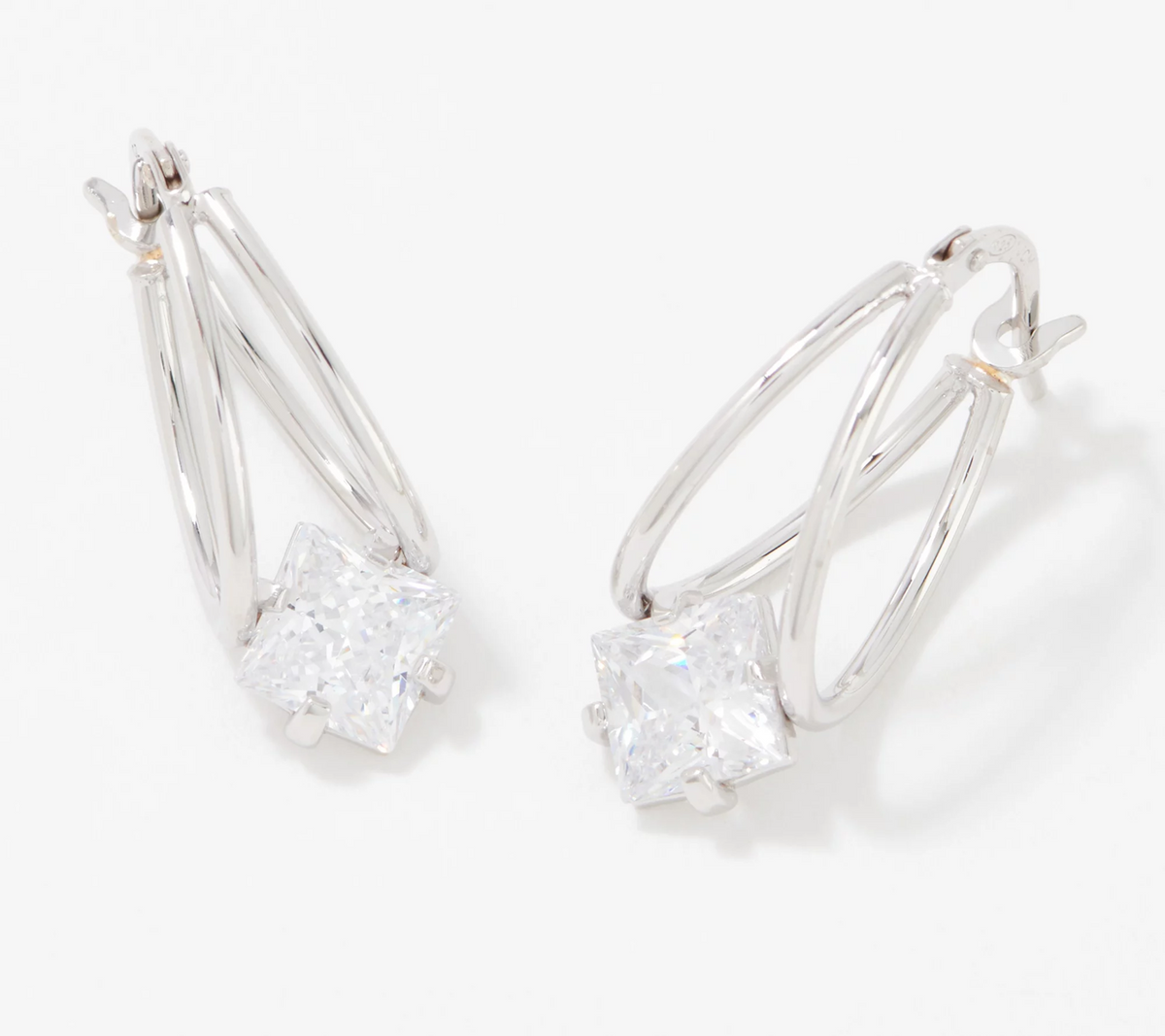 Diamonique Sterling Silver Princess Cut Split Hoop Earrings