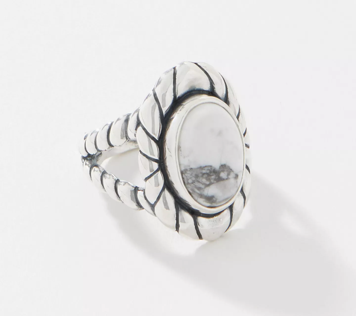 American West Sterling Silver Oval Howlite Gemstone Rope Border Ring, Size 8