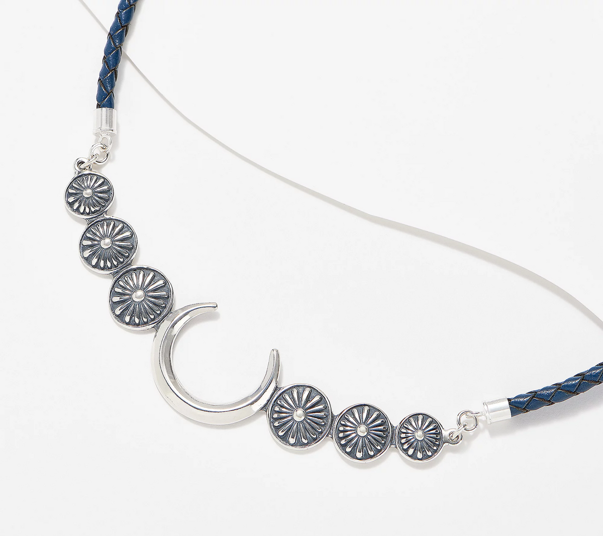 American West Sterling Silver and Denim Blue Leather Concha Necklace