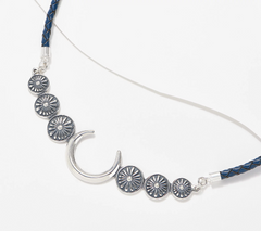 American West Sterling Silver and Denim Blue Leather Concha Necklace