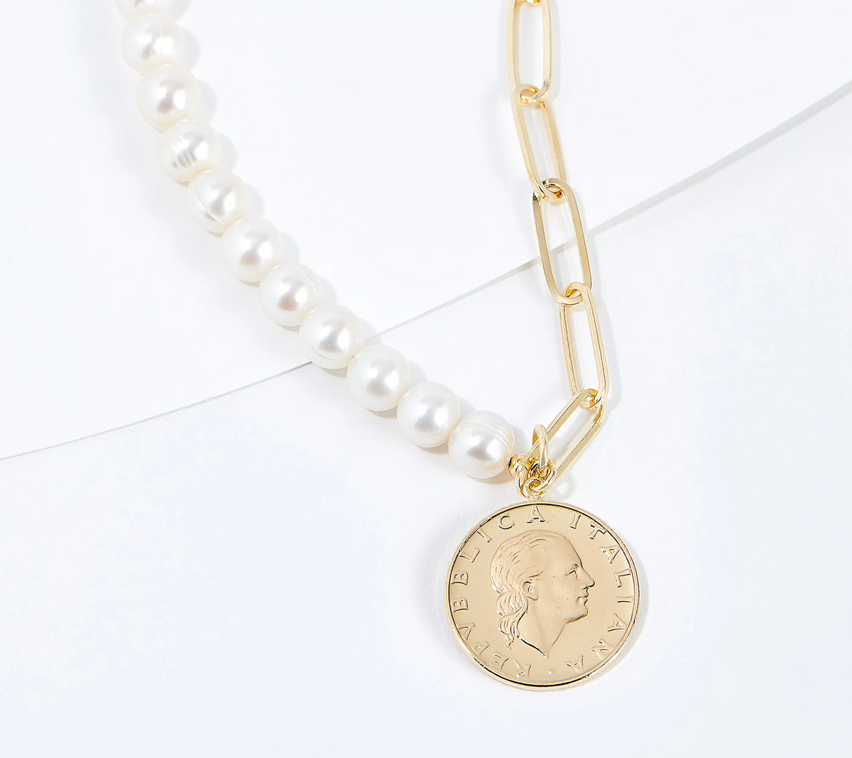 Affinity Cultured Pearl & Gold Clad Sterling Silver Paperclip Necklace with Coin