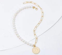 Affinity Cultured Pearl & Gold Clad Sterling Silver Paperclip Necklace with Coin