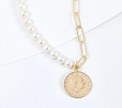 Affinity Cultured Pearl & Gold Clad Sterling Silver Paperclip Necklace with Coin