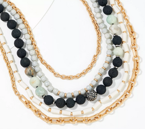 Susan Graver Multi-Strand Cream/Black Bead & Chain Gold Tone Necklace