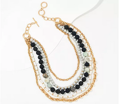 Susan Graver Multi-Strand Cream/Black Bead & Chain Gold Tone Necklace