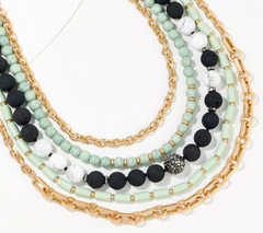 Susan Graver Multi-Strand Jade/Black Bead & Chain Gold Tone Necklace
