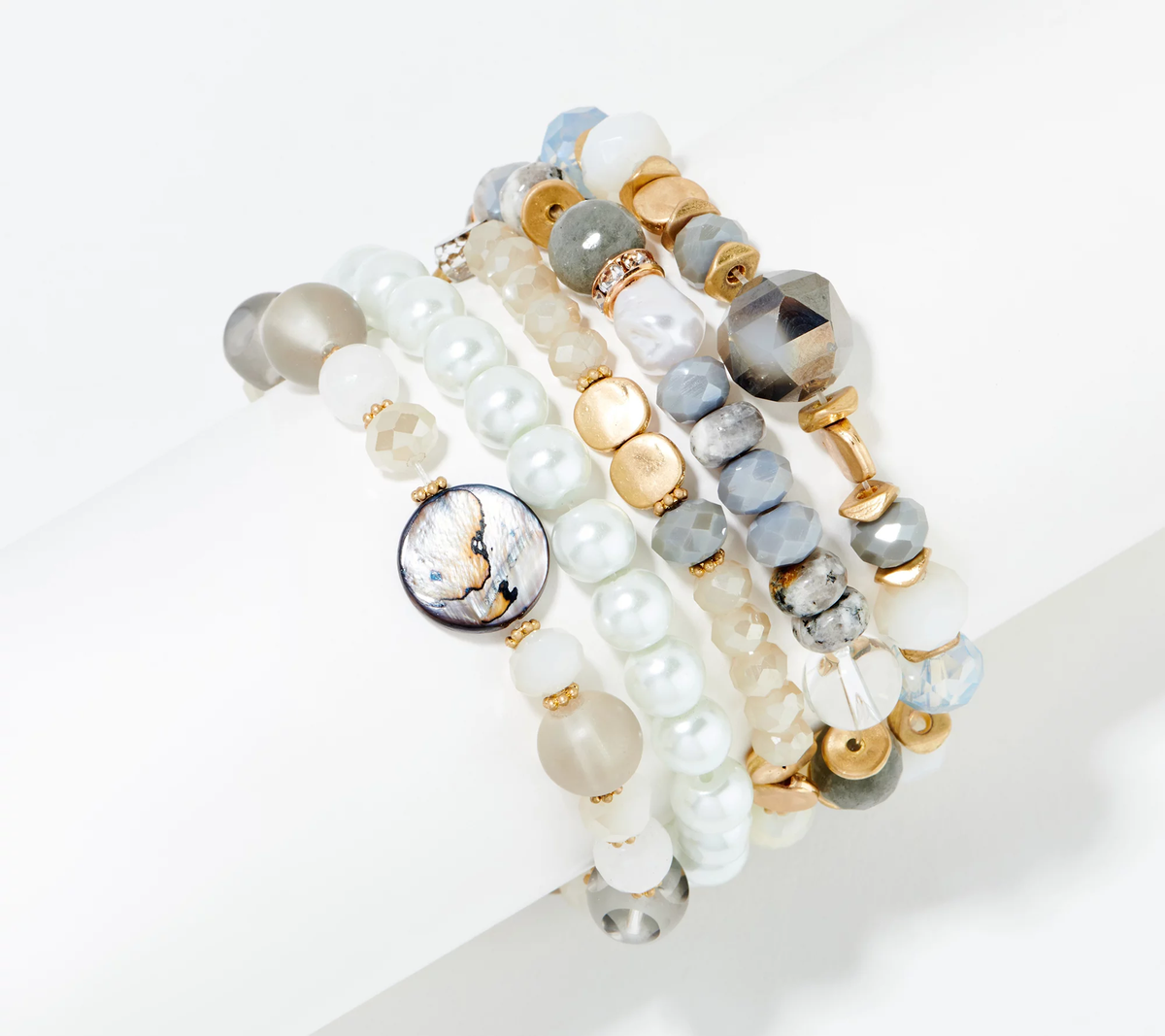 Susan Graver Set of 5 Simulated Pearl & Bead Bracelets, Cream