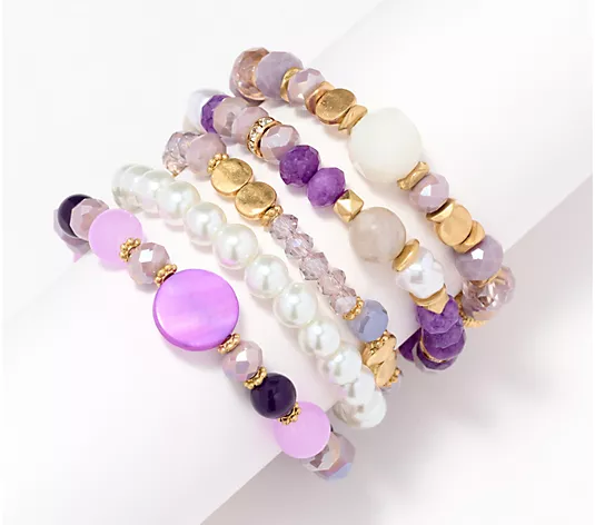 Susan Graver Set of 5 Amethyst Simulated Pearl & Bead Bracelets