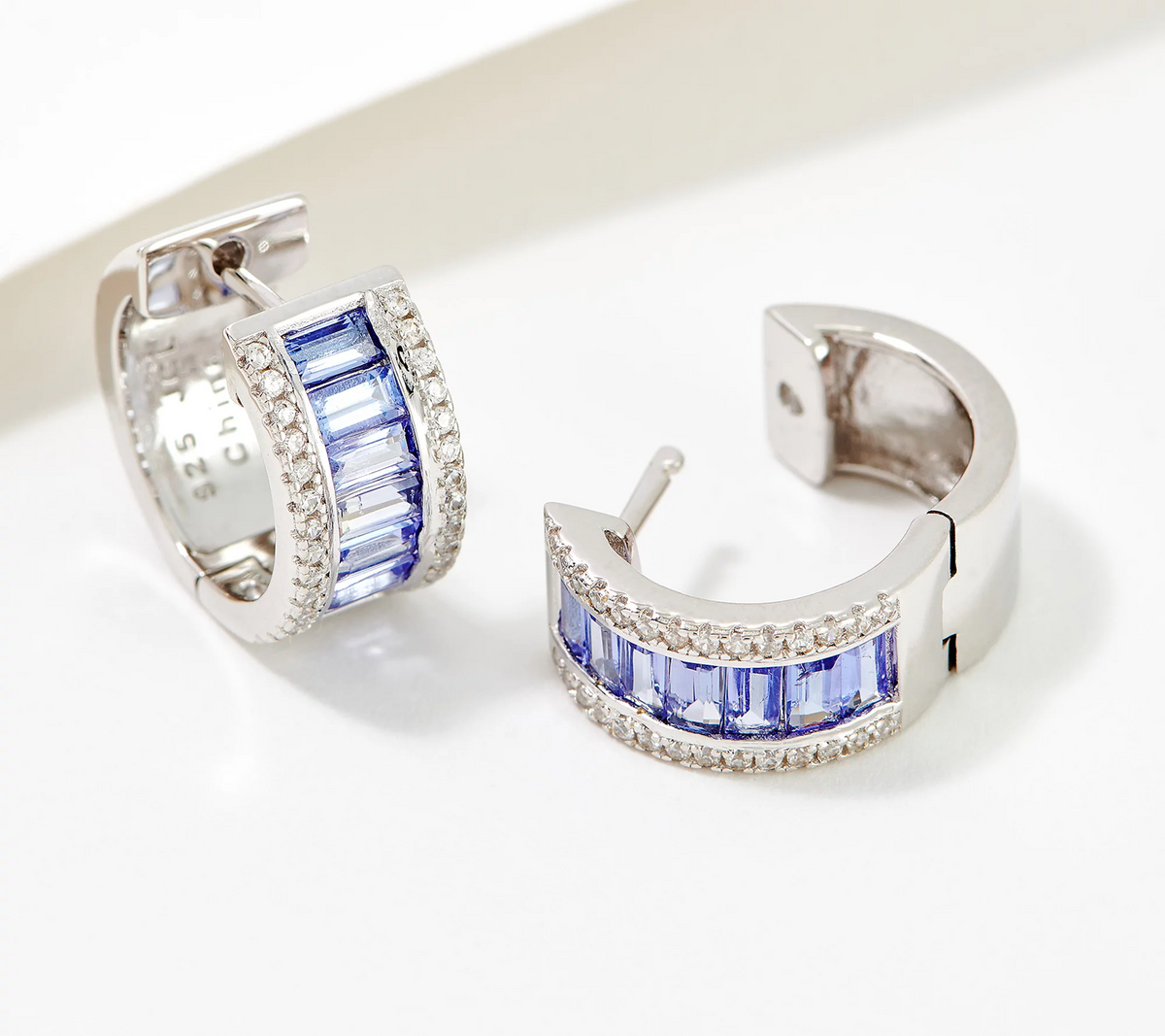 Affinity Gems Platinum-Clad Sterling Silver Baguette Tanzanite Gemstone and White Zircon Huggies