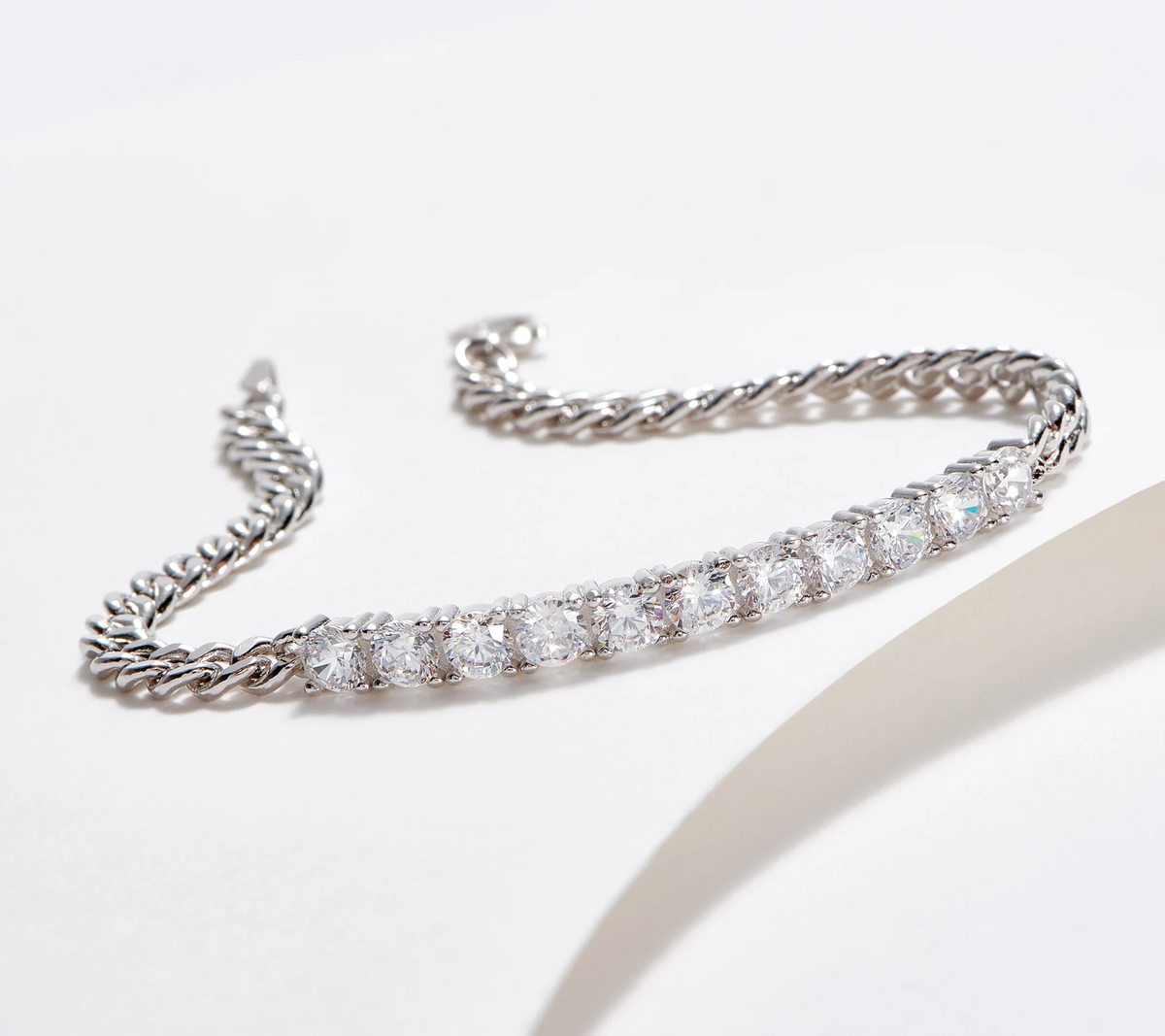 Diamonique Sterling Silver Curb Link Bar Station Braclet 6-3/4" Fit