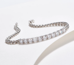 Diamonique Sterling Silver Curb Link Bar Station Braclet 6-3/4" Fit