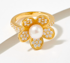Diamonique Cultured Pearl Gold-Over Sterling Silver Pave Daisy Ring Size 7