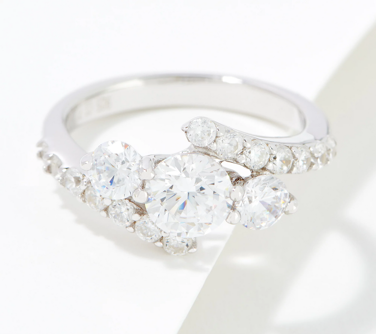 Diamonique Three Stone Bypass Sterling Silver Ring, Size  8