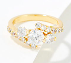 Diamonique Three Stone Bypass Gold Clad Sterling Silver Ring, Size 7