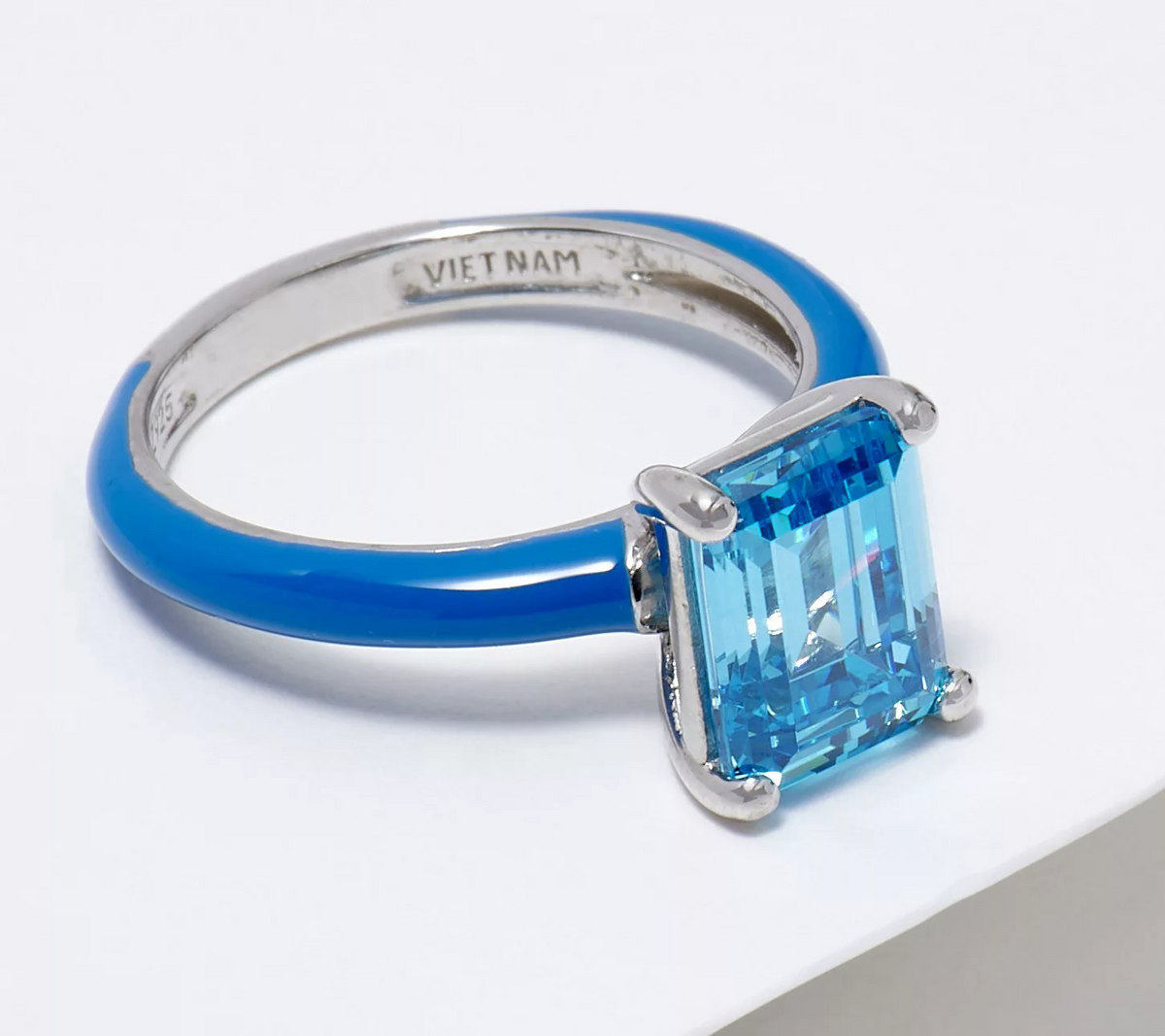 Diamonique Sterling Silver Emerald Cut Blue Enamel Ring Size 7