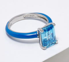 Diamonique Sterling Silver Emerald Cut Blue Enamel Ring Size 7