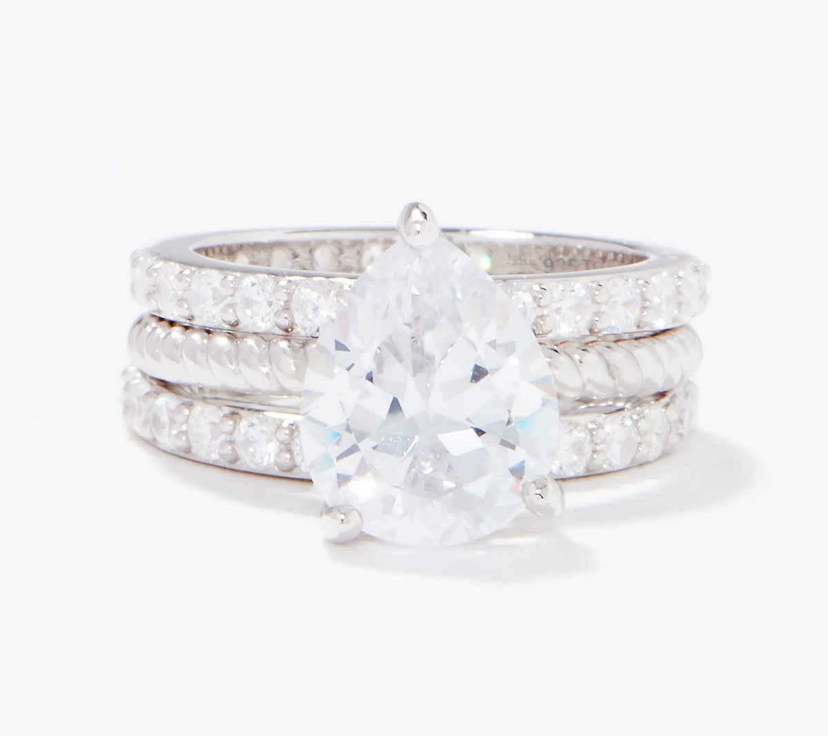 Diamonique Sterling Silver 35th Anniversary Pear-Cut S/3 Ring, Size 7