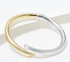 Italian Silver Two Tone Silver/Gold Polished Tube Round Contrarie Bangle Large
