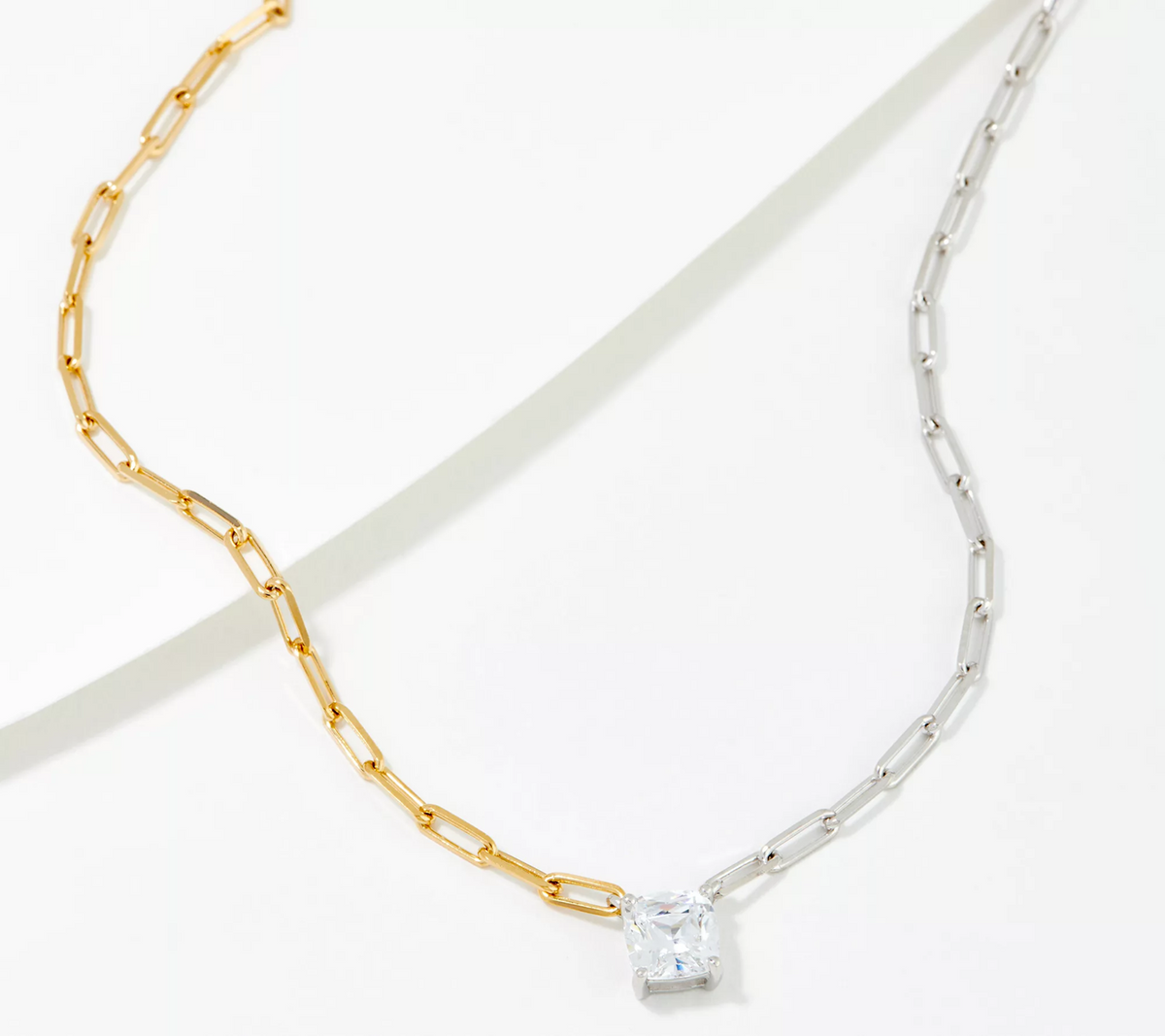 Diamonique Two-Tone white/Yellow Cushion Cut Solitaire Paperclip Necklace