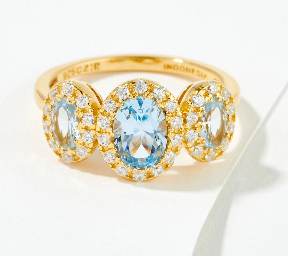 Diamonique Simulated Aquamarine 3 Stone Halo Gold-Over SS Ring Size 7