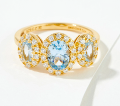 Diamonique Simulated Aquamarine 3 Stone Halo Gold-Over SS Ring Size 7