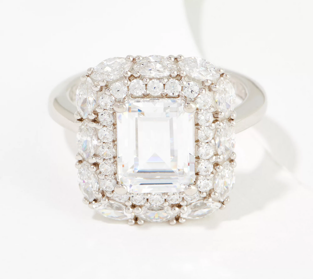 Diamonique 35th Anniversary Double Halo Emarald Cut Ring Sterling Silver, Size 8