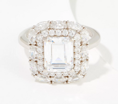 Diamonique 35th Anniversary Double Halo Emarald Cut Ring Sterling Silver, Size 8