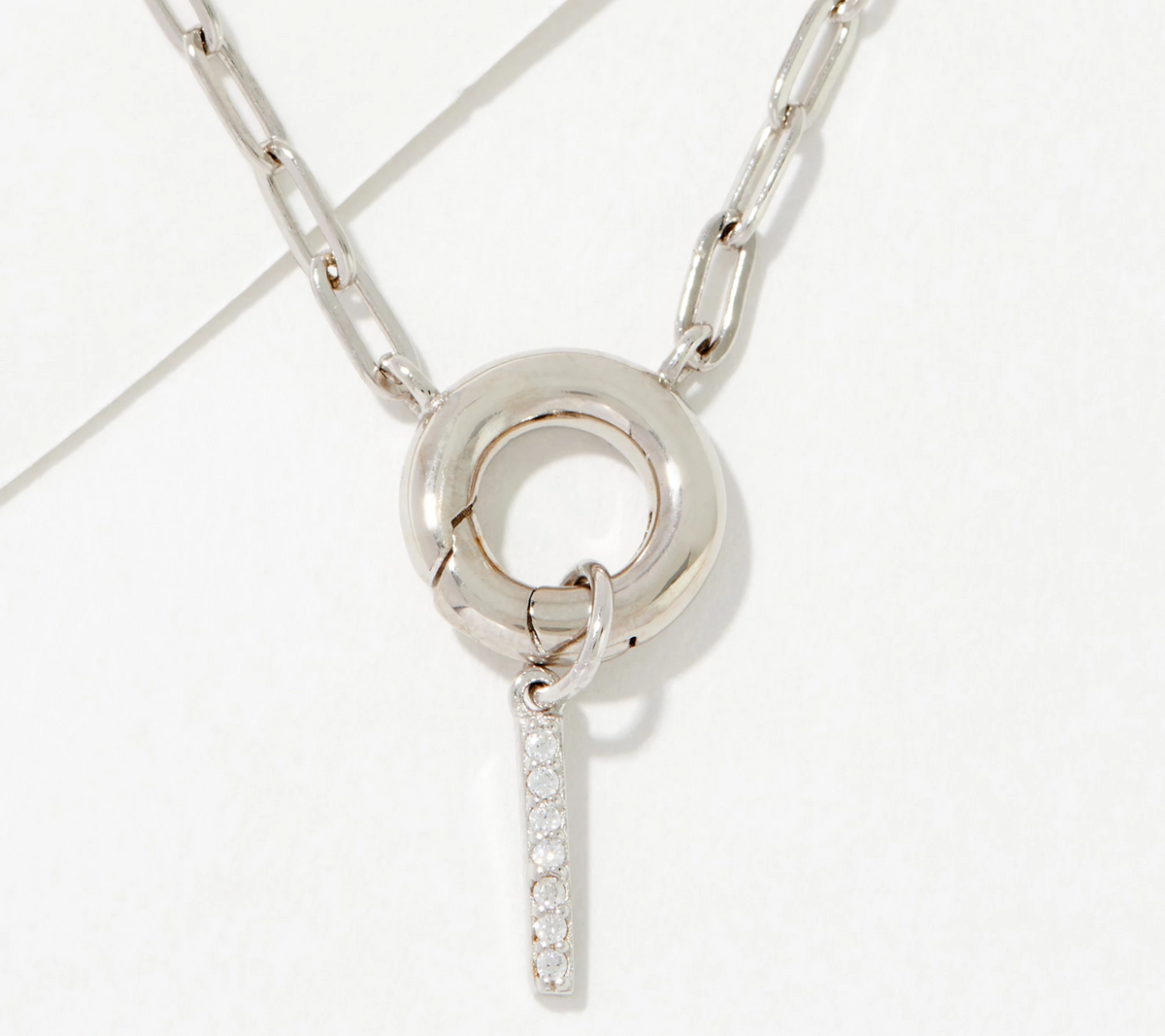 Diamonique Sterling Silver Pave Initial "I" Drop Paperclip Necklace. 18"