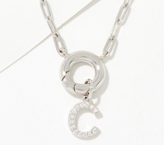 Diamonique Sterling Silver Pave Initial "C" Drop Paperclip Necklace. 18"