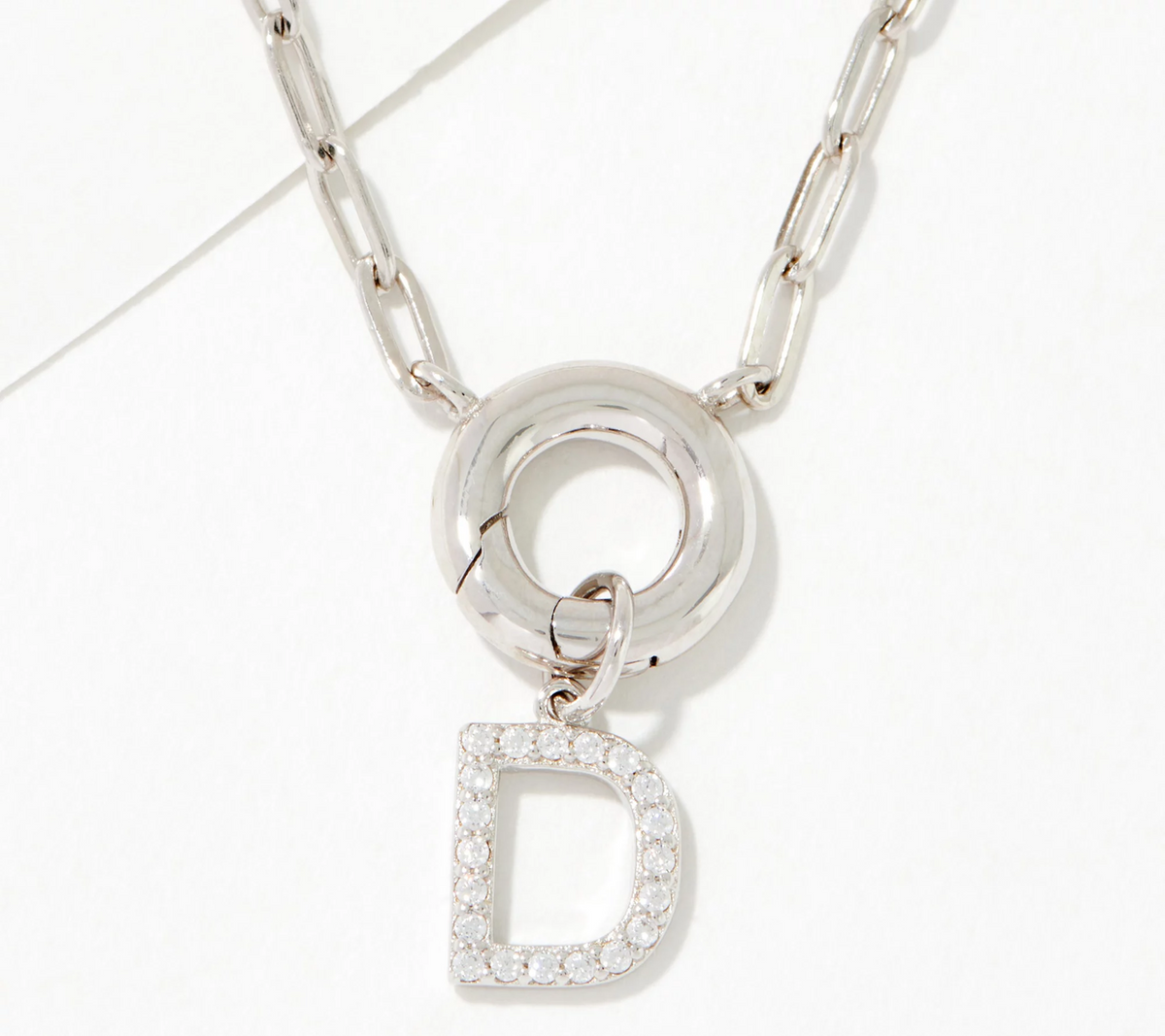Diamonique Sterling Silver Pave Initial "D" Drop Paperclip Necklace. 18"