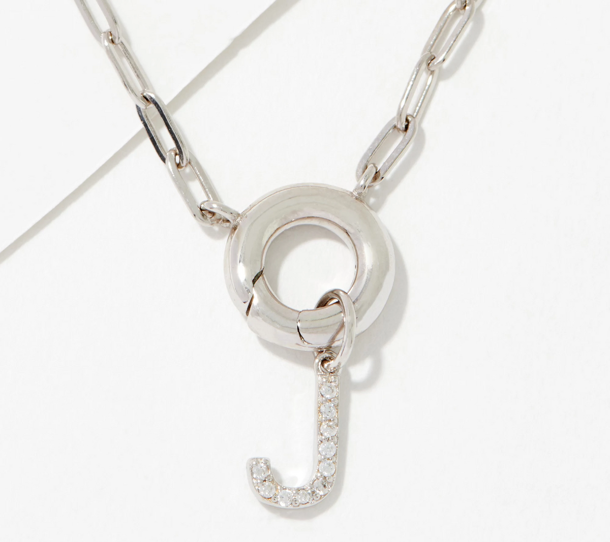 Diamonique Sterling Silver Pave Initial "J" Drop Paperclip Necklace. 18"