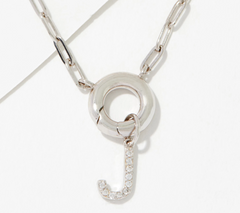 Diamonique Sterling Silver Pave Initial "J" Drop Paperclip Necklace. 18"