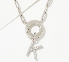 Diamonique Sterling Silver Pave Initial "K" Drop Paperclip Necklace. 18"