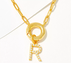 Diamonique Goldclad Sterling Silver "R" Initial Pave Drop Necklace 18"