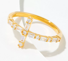 Diamonique x Courtney Khondabi  SS Goldclad Round & Baguette Cross Ring, Size 11