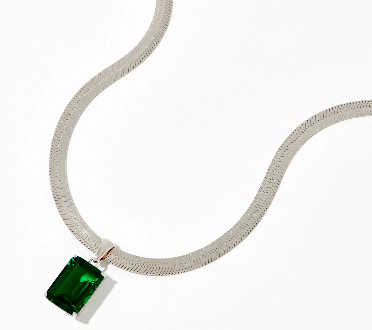 Diamonique Herringbone Pendant Emerald Necklace, Sterling Silver