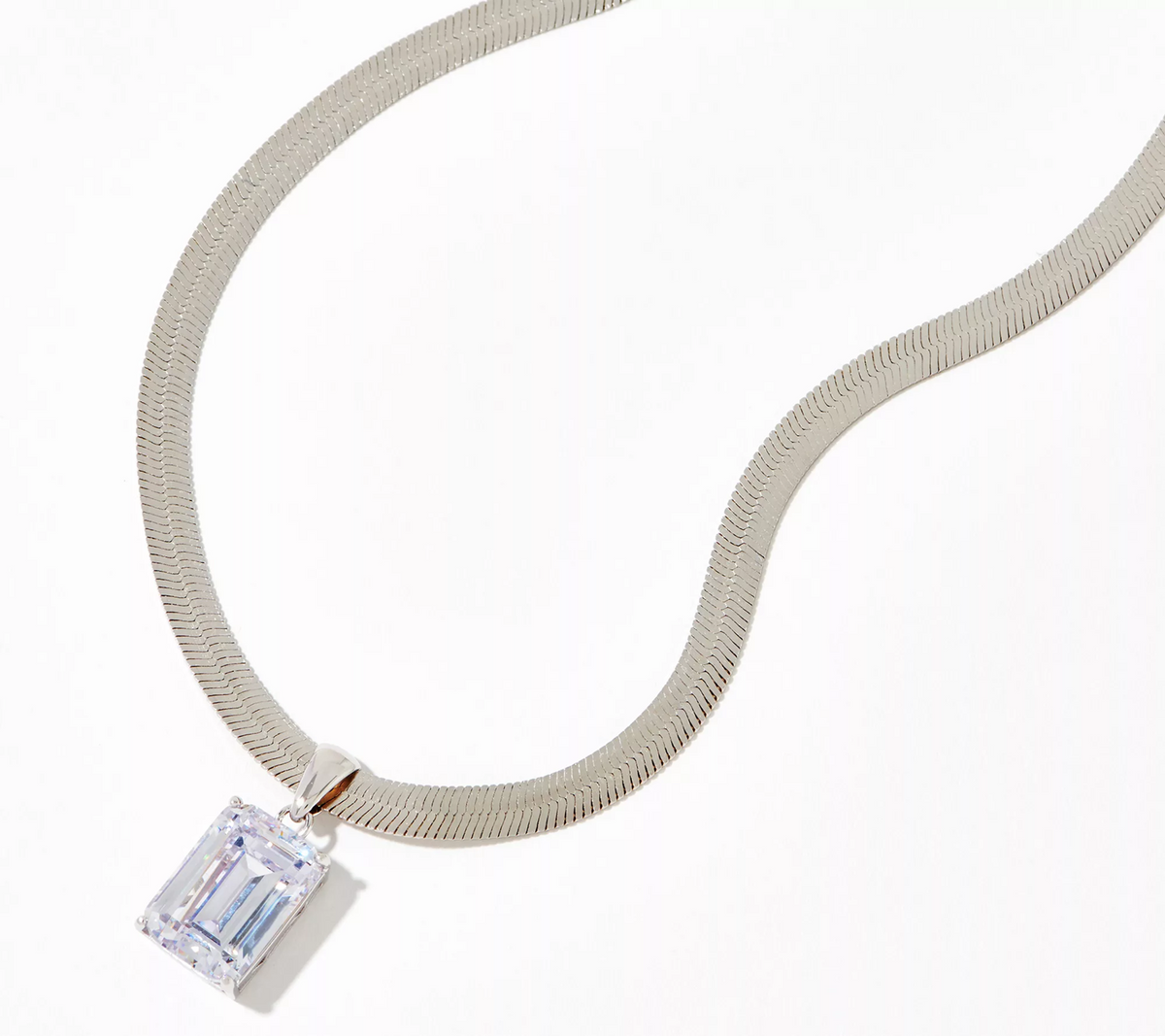 Diamonique Herringbone Pendant Clear Necklace, Sterling Silver