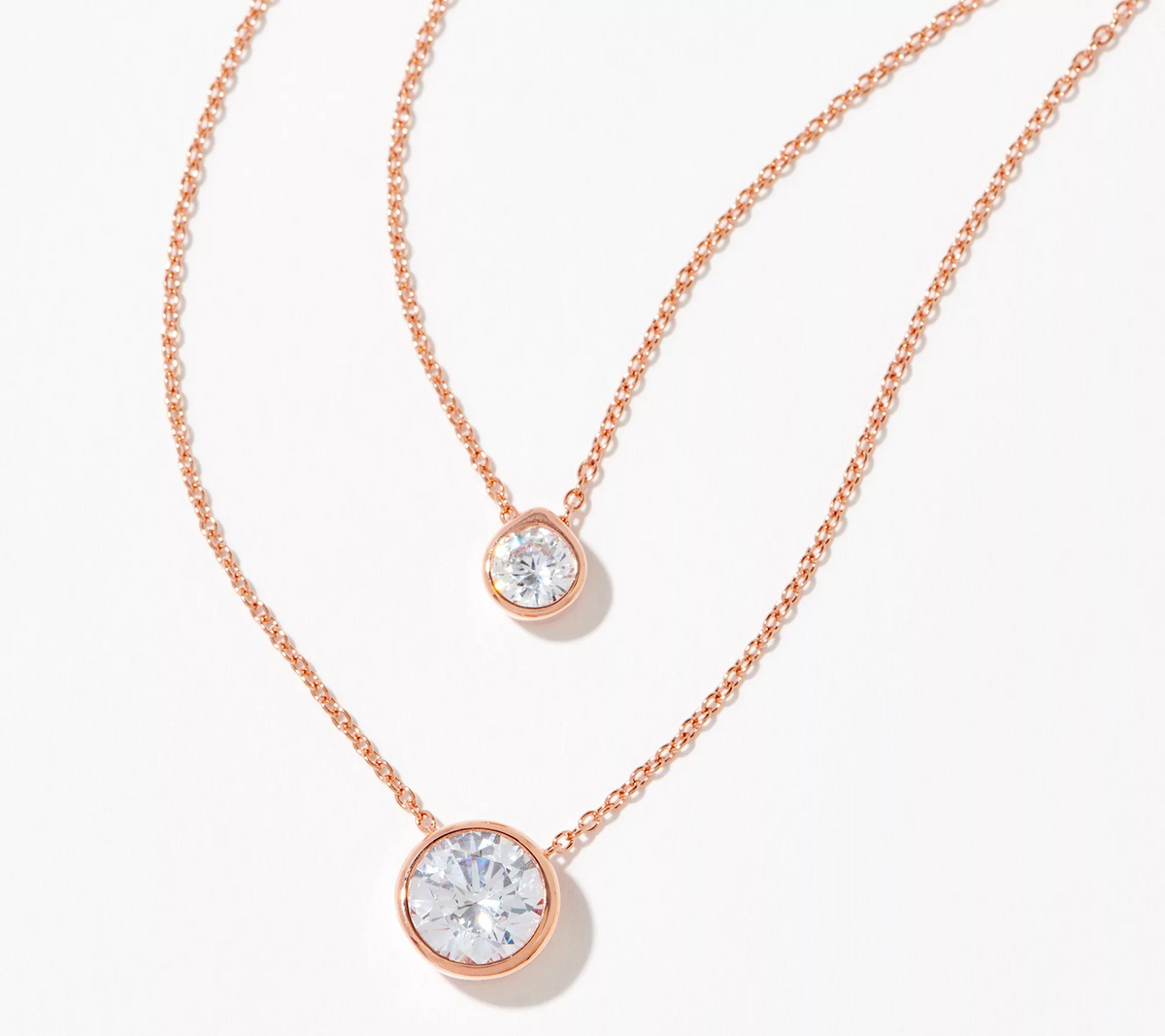 Diamonique x Amy Stran Layered Bezel Set Solitaire Necklace, 14K Rose Clad Sterling Silver