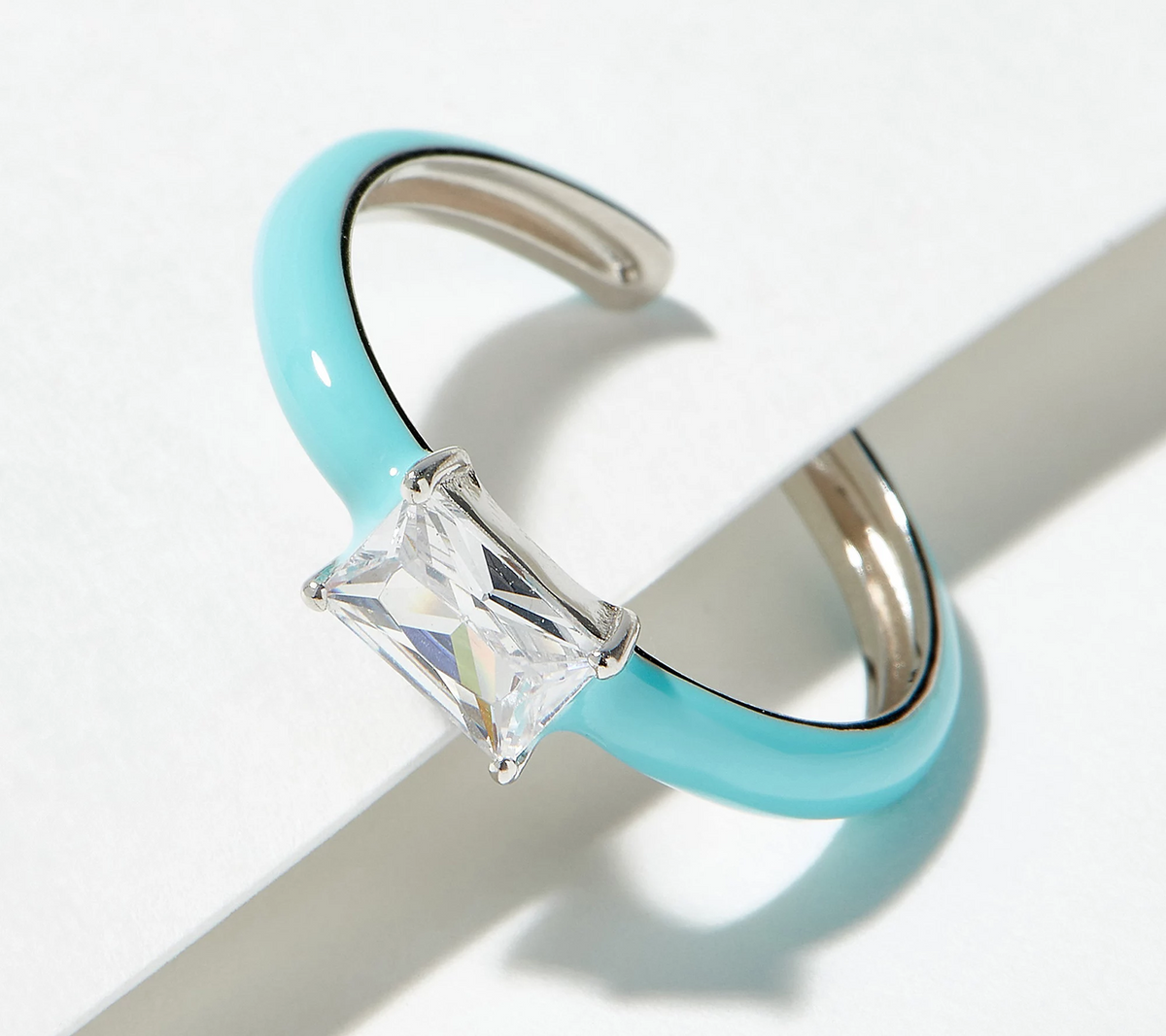 Diamonique Sterling Silver Adjustable Baguette Enamel Solitaire Ring