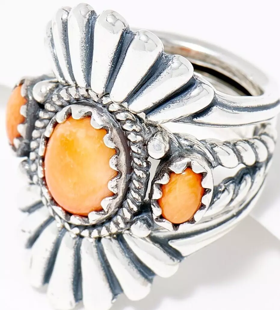 American West Sterling Silver 3-Stone Orange Spiny Shell Guard & Ring, Size 10