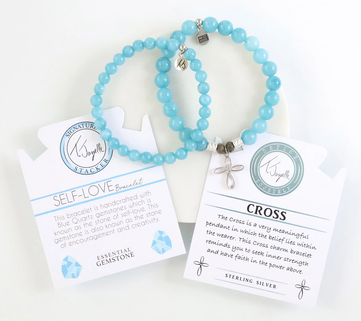 T. Jazelle White Agate Beaded SS Cross Charm Bracelet & Stacker Set Small/Avg