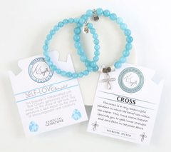 T. Jazelle White Agate Beaded SS Cross Charm Bracelet & Stacker Set Small/Avg