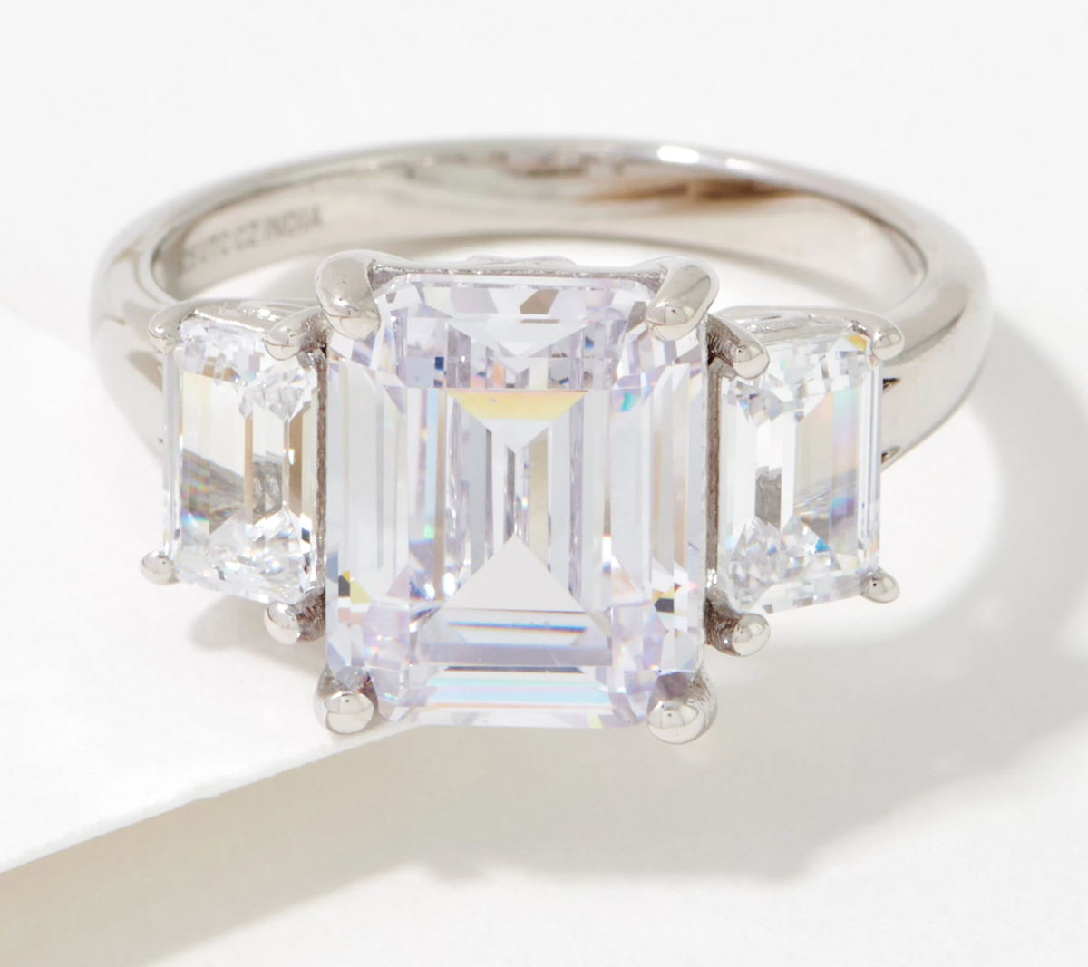 Diamonique x Kathy Levine Elegant Emerald Cut 3-Stone Rodium Over SS Ring Size 5