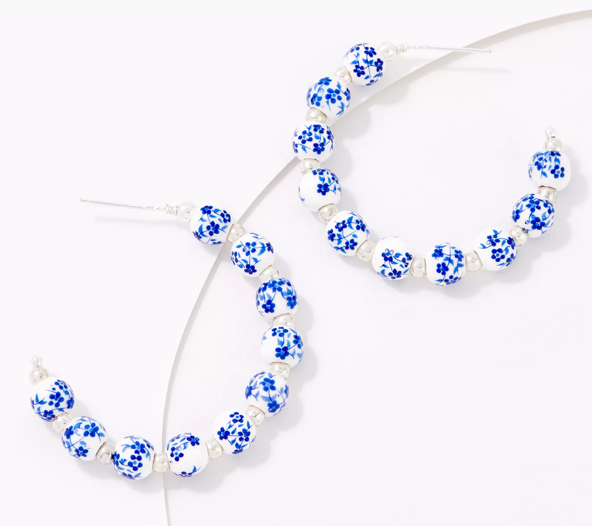 True Lovelies Floral Printed Ceramic Bead Hoop Earrings, Silver/Blue