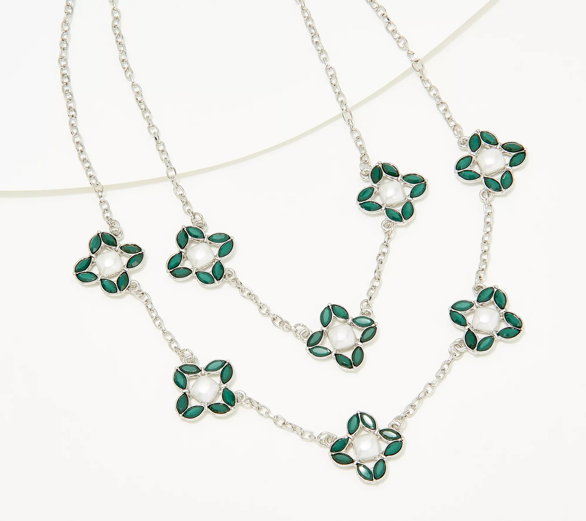 Susan Graver Multi-Strand Simulated Pearl & Crystal Silvertone Necklace, Green